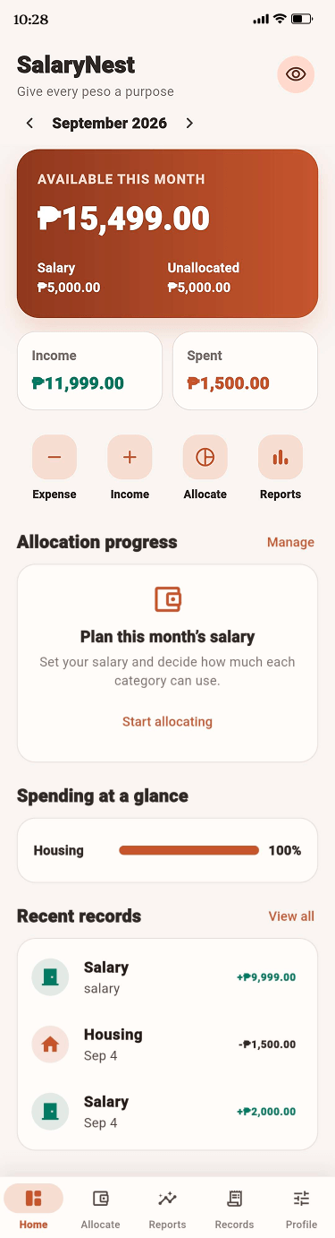 SalaryNest home dashboard showing monthly salary and allocation progress