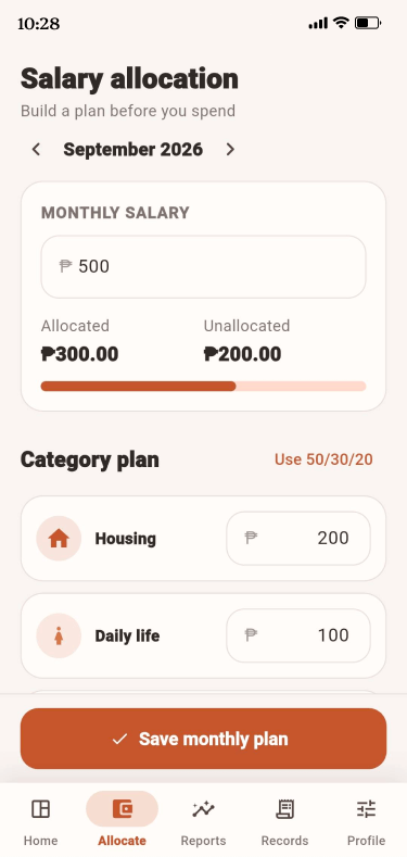 Salary allocation planner screen