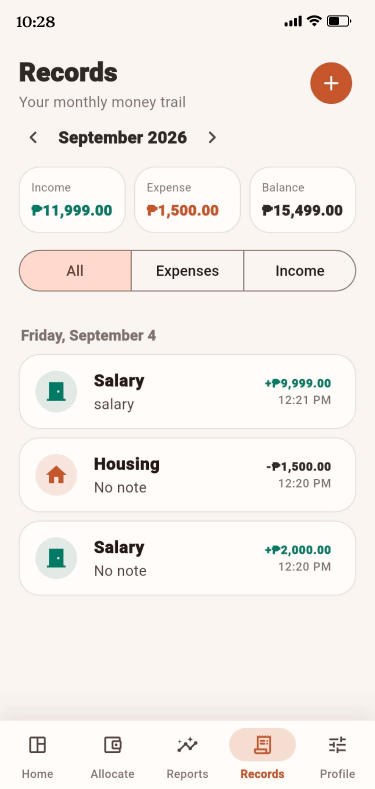 Monthly income and expense records in SalaryNest